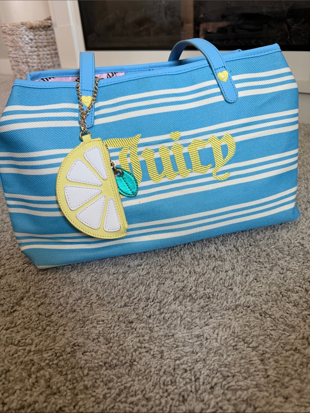 Juicy Couture Blue & White Striped Tote with Yellow Lemon Charm